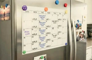 A monthly calendar on a refrigerator showing a structured recovery routine with weekly walks, peer group meetings, and doctor appointments.