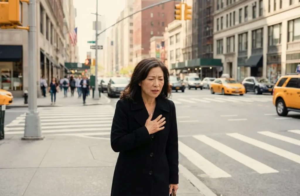 Middle-aged woman standing on a city street holding her chest, appearing concerned, illustrating potential heart issues during menopause.