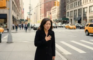 Middle-aged woman standing on a city street holding her chest, appearing concerned, illustrating potential heart issues during menopause.