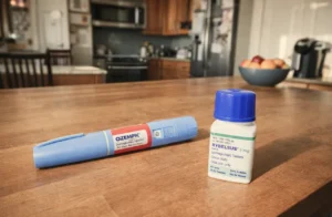Ozempic semaglutide injection pen and a bottle of Rybelsus oral tablets placed on a wooden kitchen countertop, illustrating injectable versus oral diabetes medications.