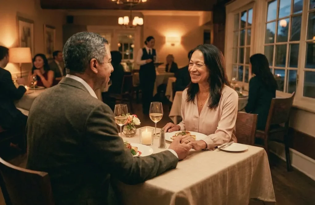 Middle-aged couple smiling and holding hands across a candlelit table while enjoying dinner at a cozy restaurant.