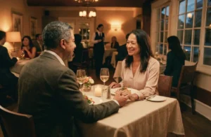 Middle-aged couple smiling and holding hands across a candlelit table while enjoying dinner at a cozy restaurant.