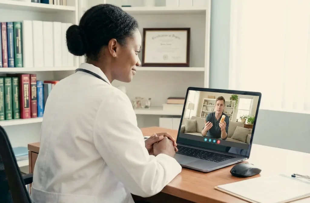 Doctor in a white coat sitting at a desk in a medical office, conducting a telehealth video call on a laptop with a male patient holding a prescription pill bottle.